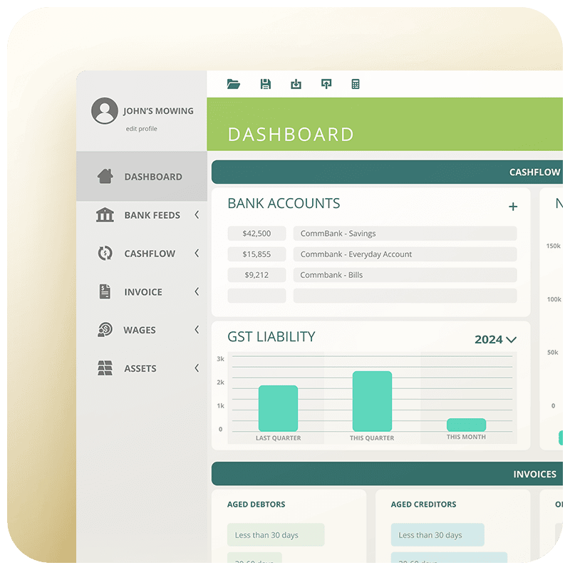 Cashflow Manager Gold software interface displaying comprehensive accounting and payroll features for small businesses.